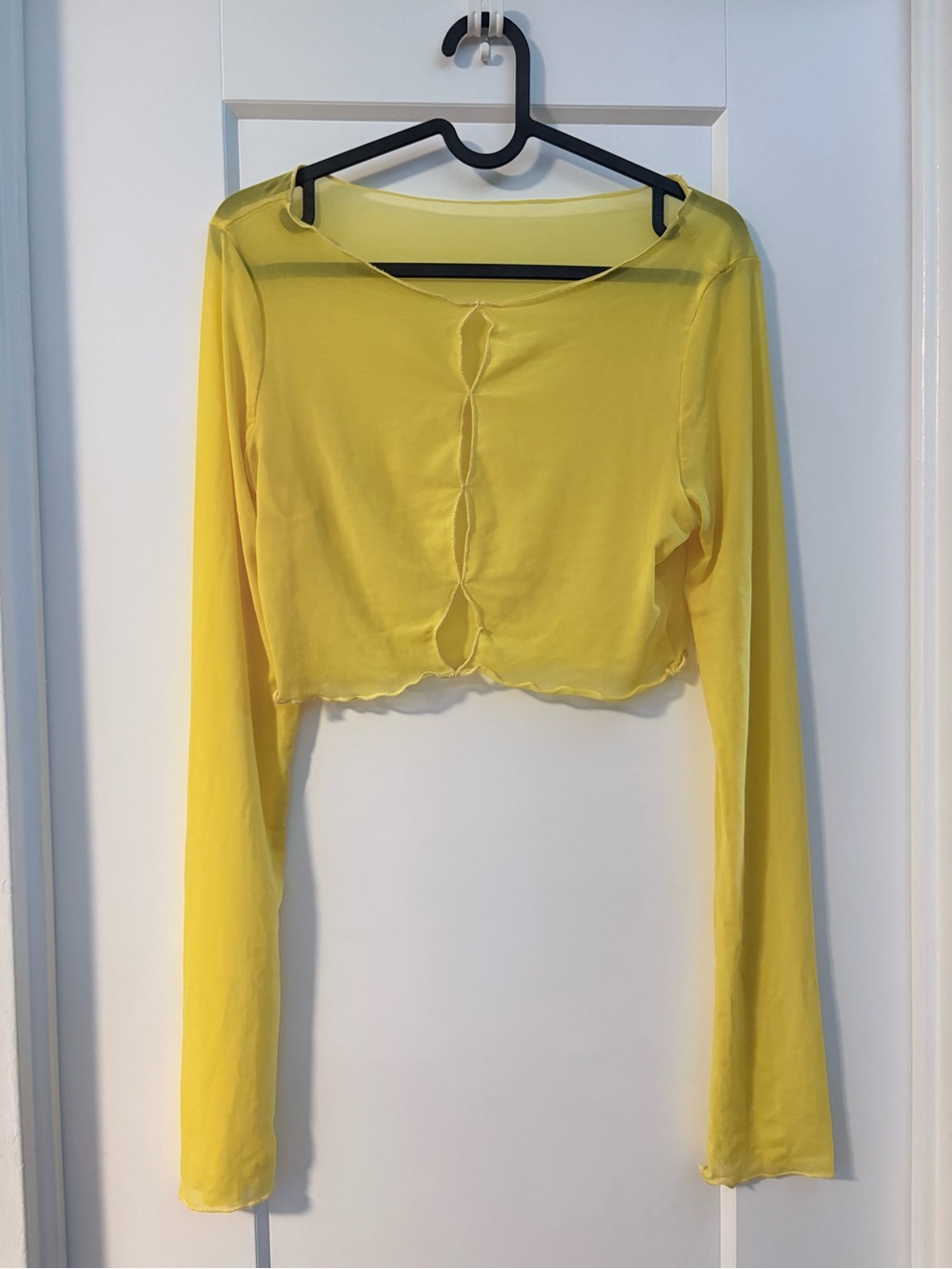 Yellow Cutout Long-Sleeve Mesh Crop Top